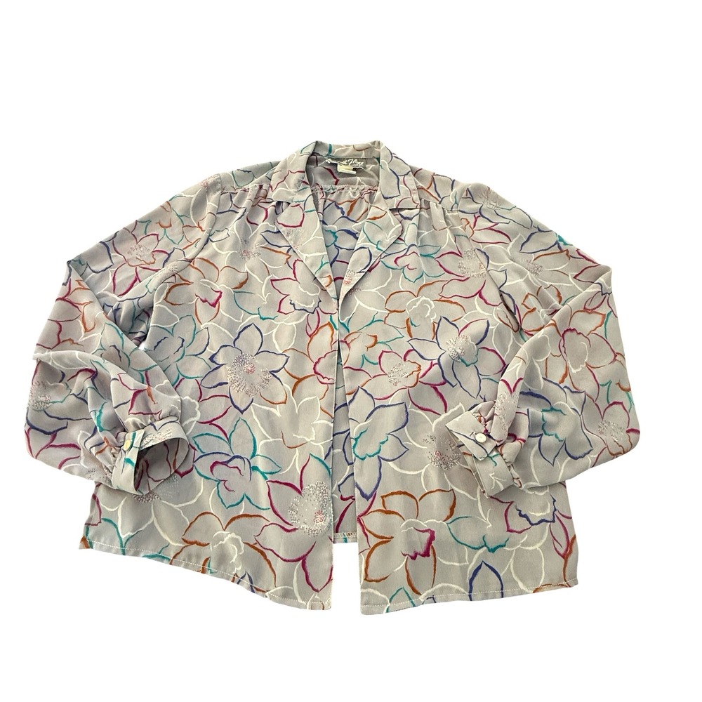 Edith Flagg Open Blouse Kimono Womens 16 Gray Watercolor Floral Gauzy Vintage